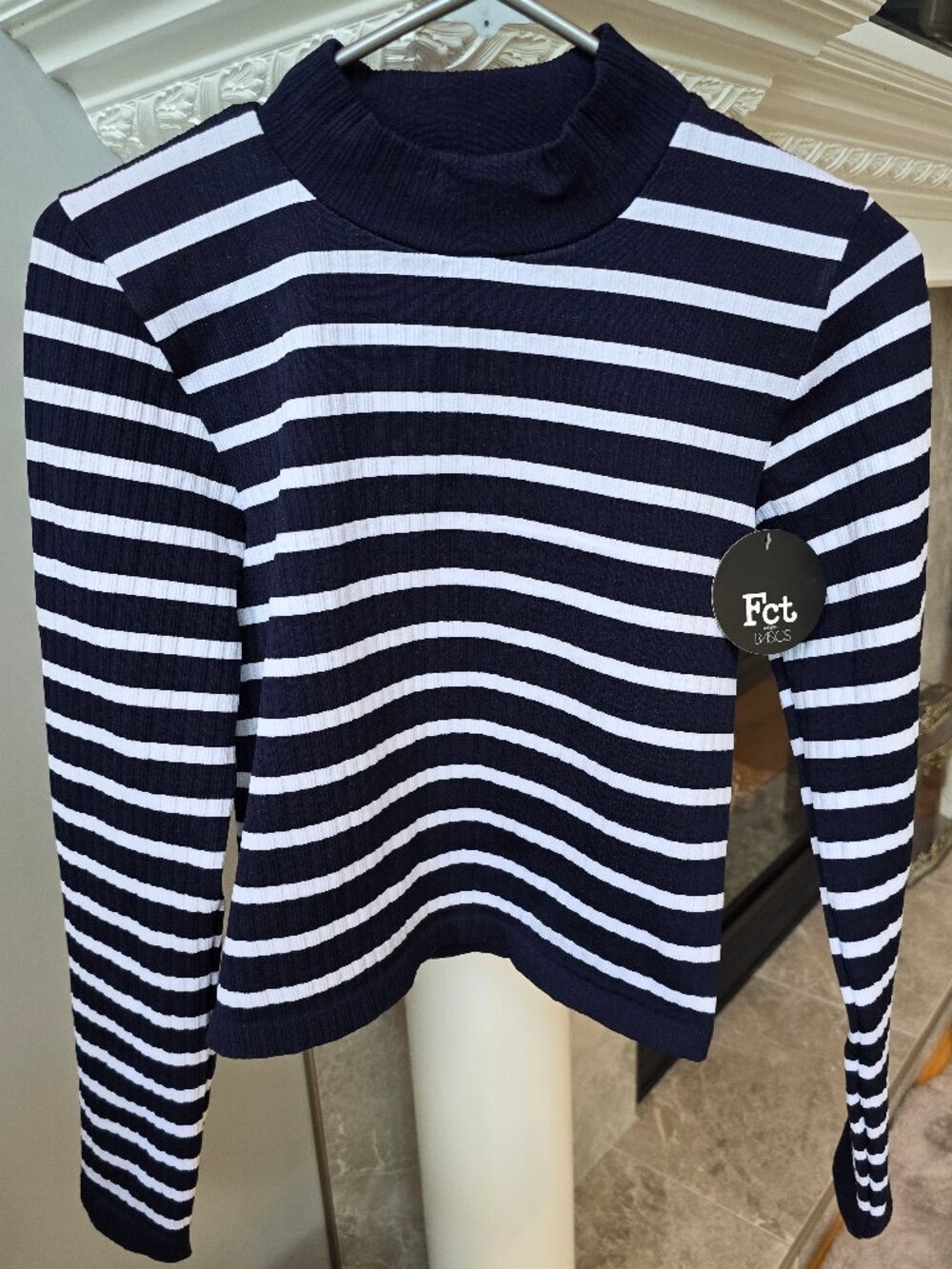 NWT Fct cowl neck sweater black white vertical striped large